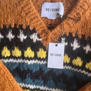 NWT Re/Done Orange Fair Isle V-Neck Sweater with Yellow, Blue & Black Accents